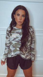 Dark Green Camo  Waffle Knit Ultra Soft Lightweight Sweater Top