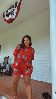 Chic Red White And Blue Sequin Bow Shorts
