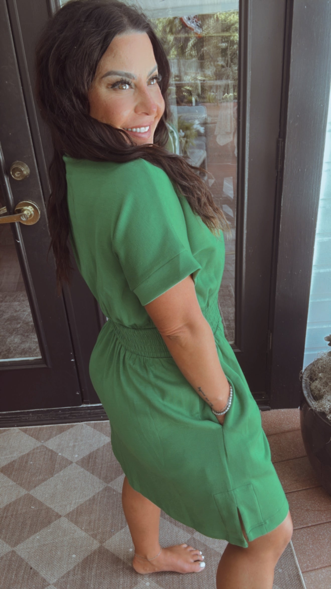 Kelly-green and White ZIp Front Ruched Waist Dress