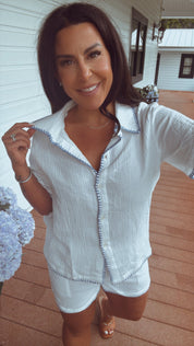 Chic White and Blue Lined Stich Shorts