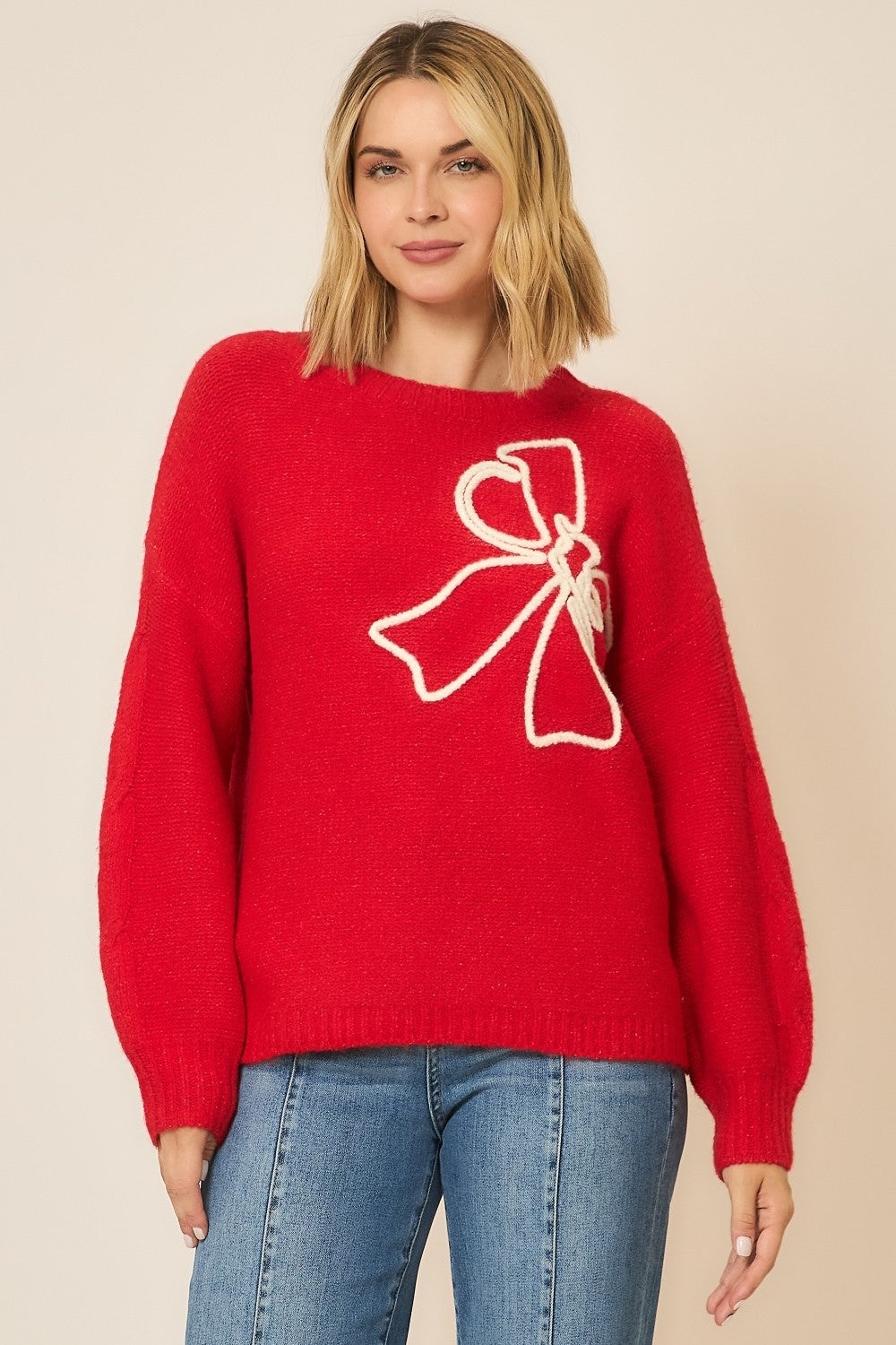 Cozy Co Red Soft Brushed Embroidered Bow Knit Sweater