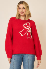 Cozy Co Red Soft Brushed Embroidered Bow Knit Sweater