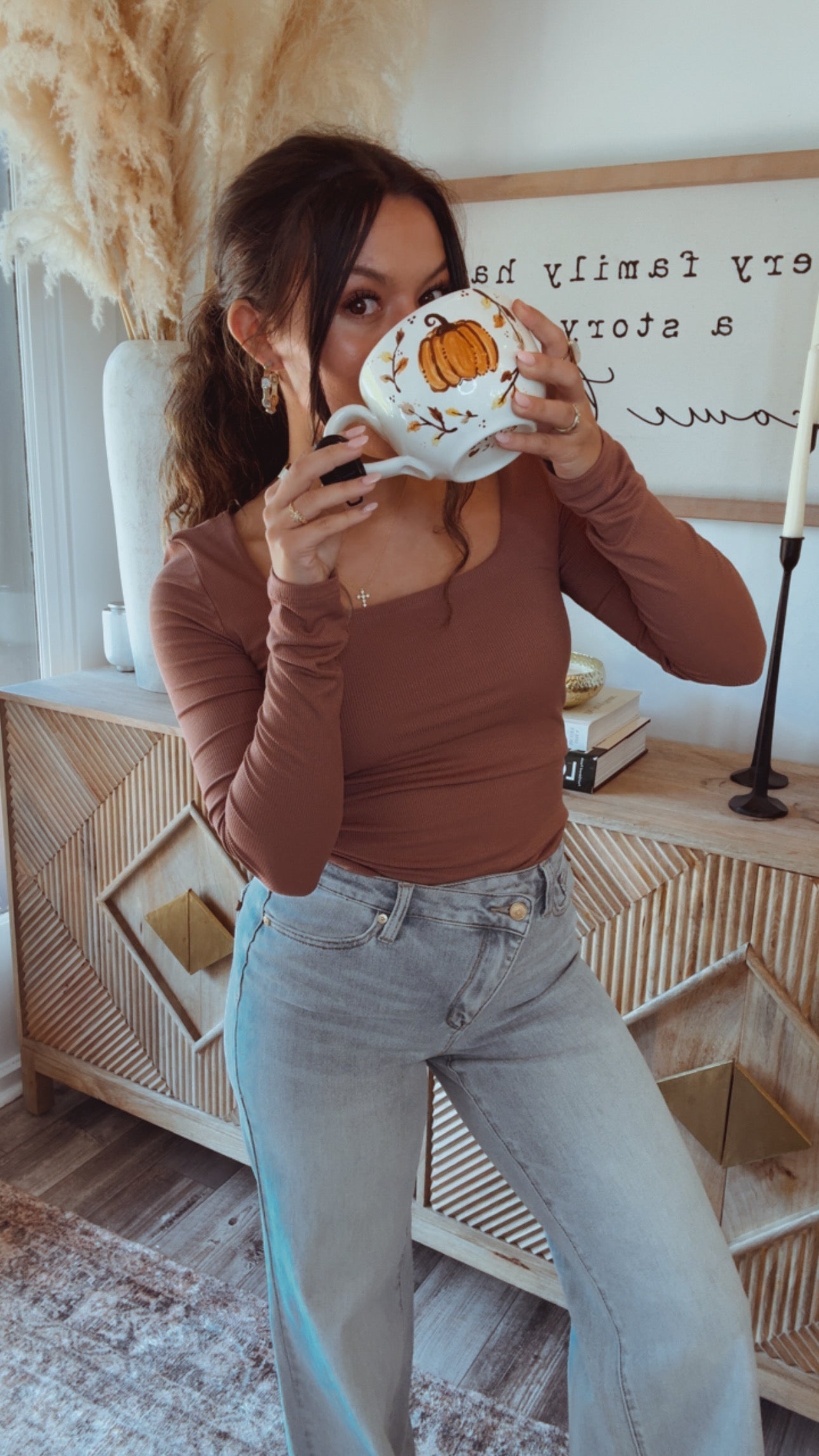 Mocha Ribbed Ultra Soft Long Sleeve Square Neck Top