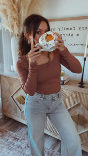 Mocha Ribbed Ultra Soft Long Sleeve Square Neck Top