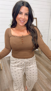 Sassy Ribbed Long Sleeve Lace Trim Brown Top