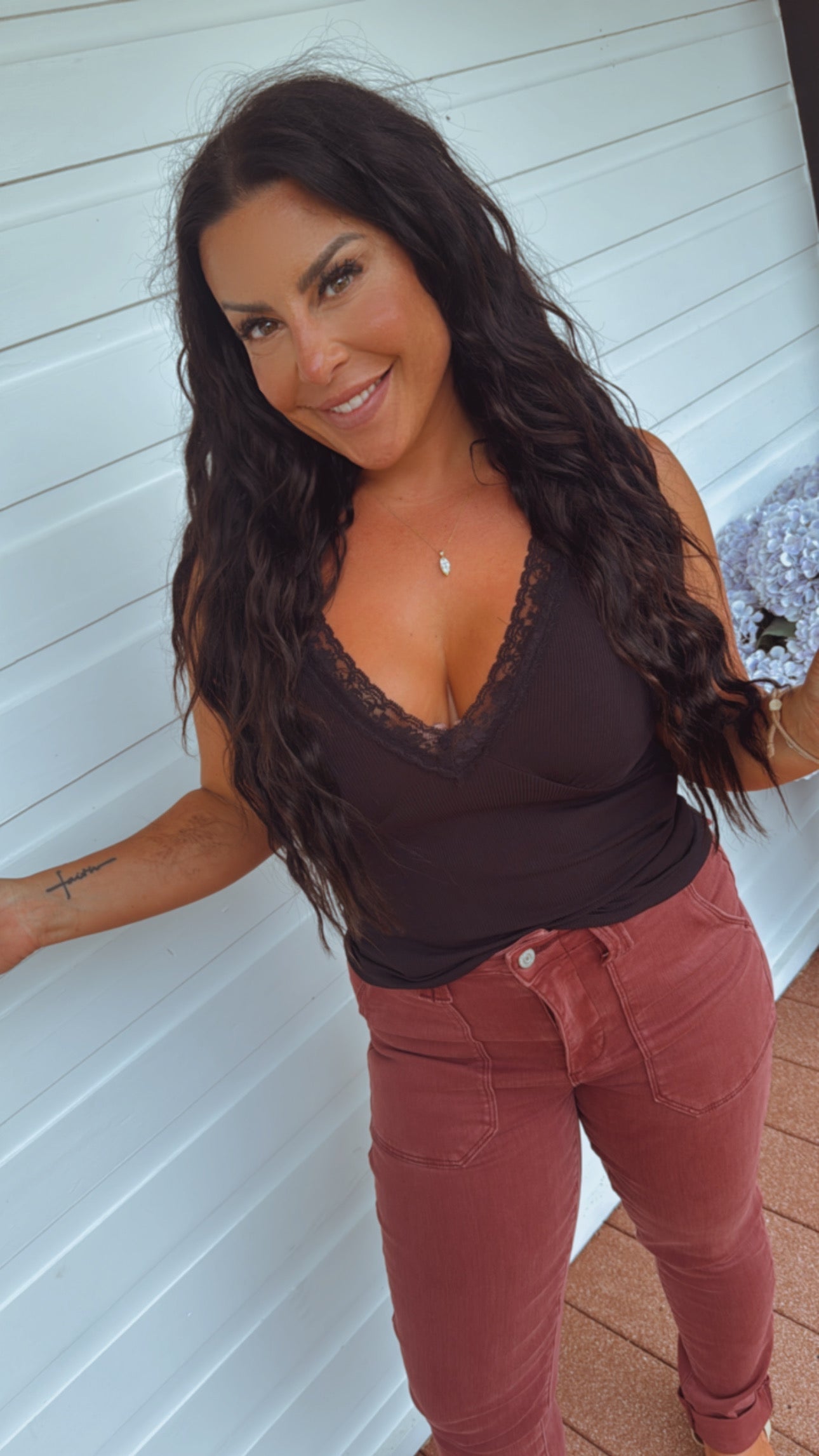 Sassy Black Lace Trim Vneck Tank