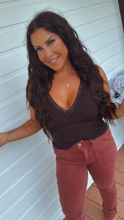 Sassy Black Lace Trim Vneck Tank