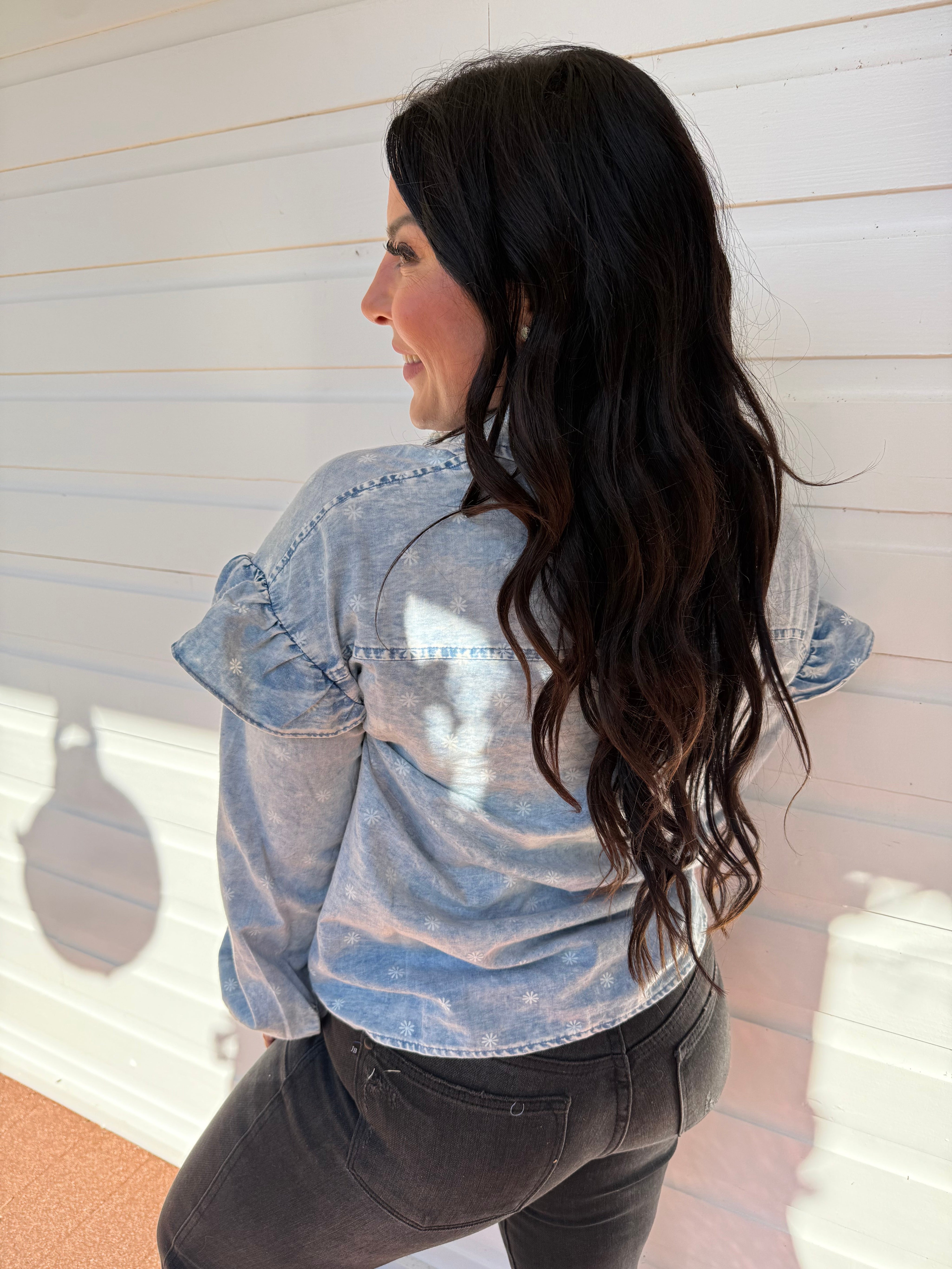 Denim and floral Button Up Lightweight Shacket Top