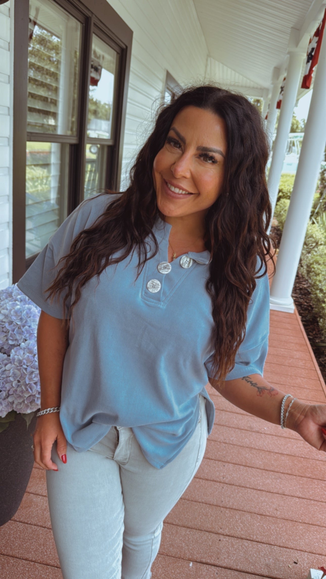 Sky Blue Ribbed Henley Short Sleeve Top