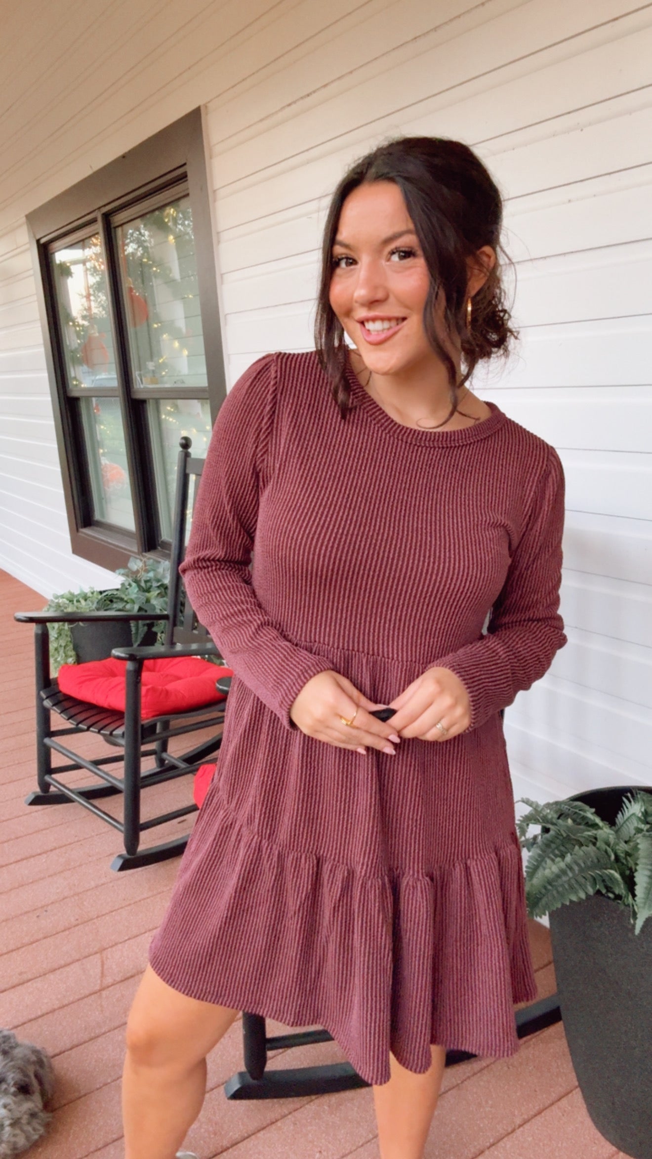 Burgundy Ribbed long Sleeve Tiered Dress