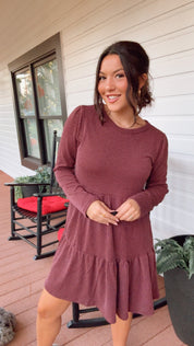 Burgundy Ribbed long Sleeve Tiered Dress