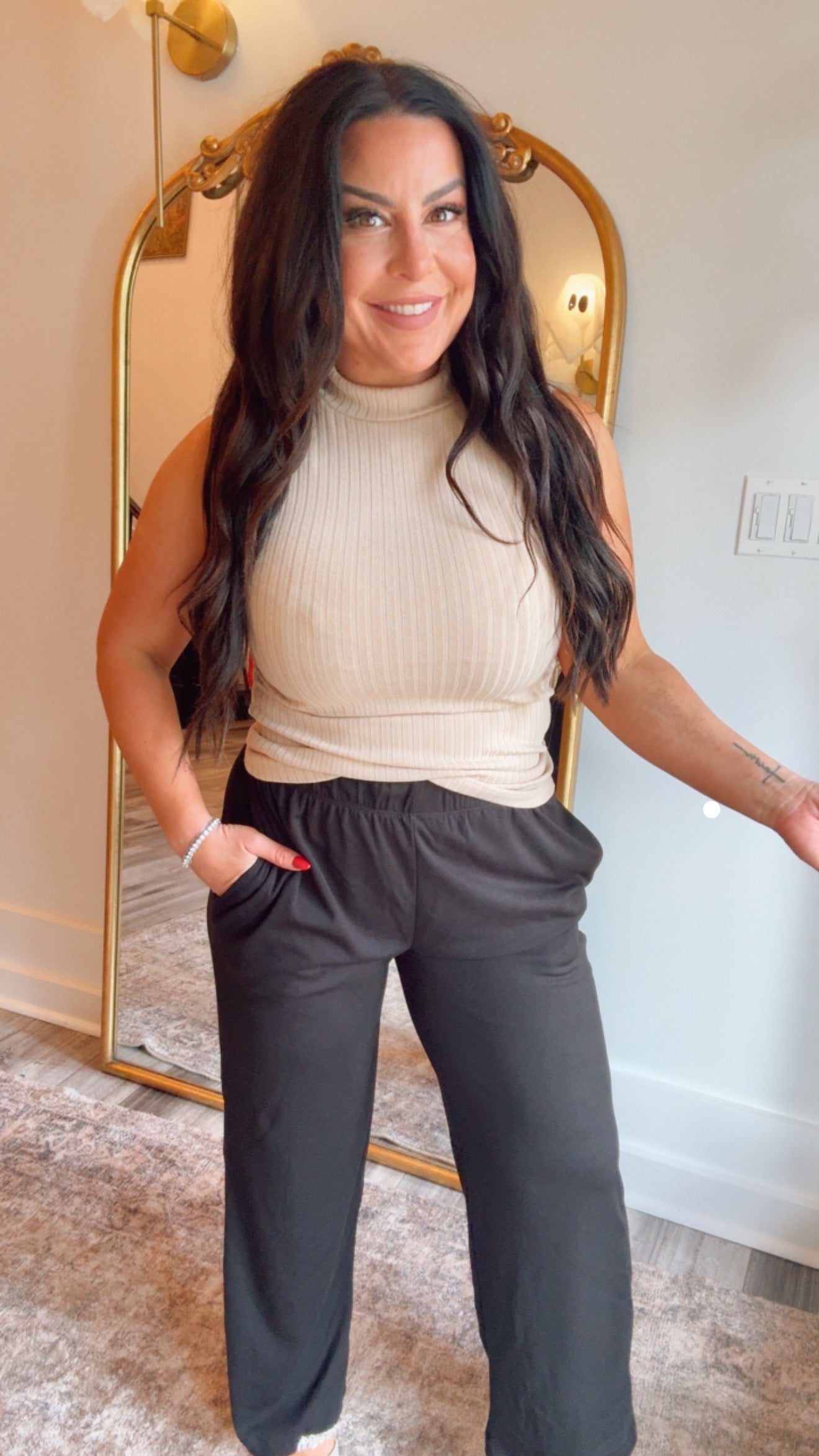 Beige Ribbed  High Neck Layering Top