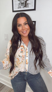 Denim Pin Stripe and Floral Button Up Long Sleeve Top
