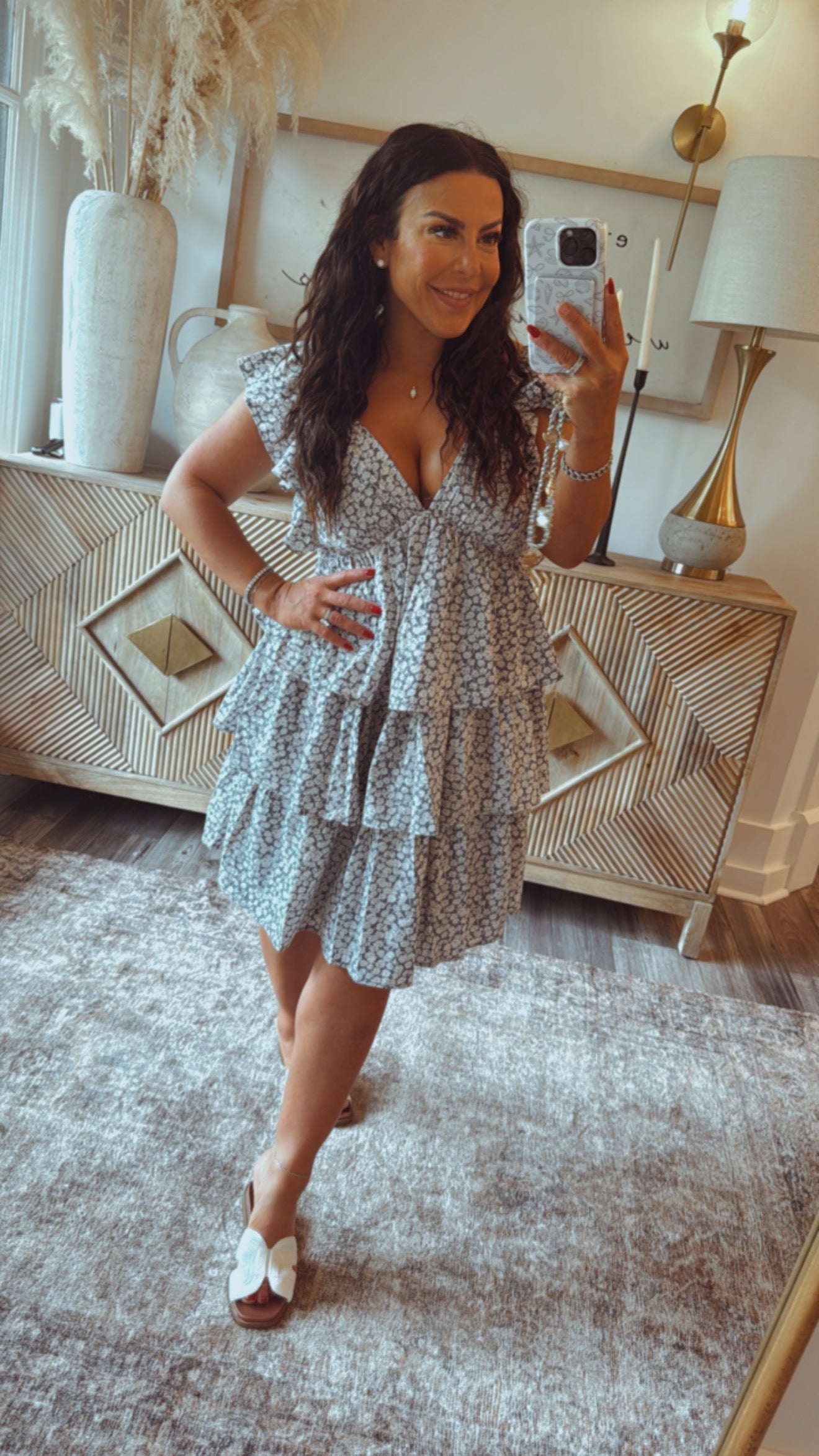 Blue and White Floral Ruffle Tank Dress