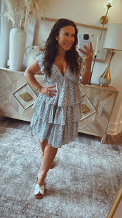 Blue and White Floral Ruffle Tank Dress