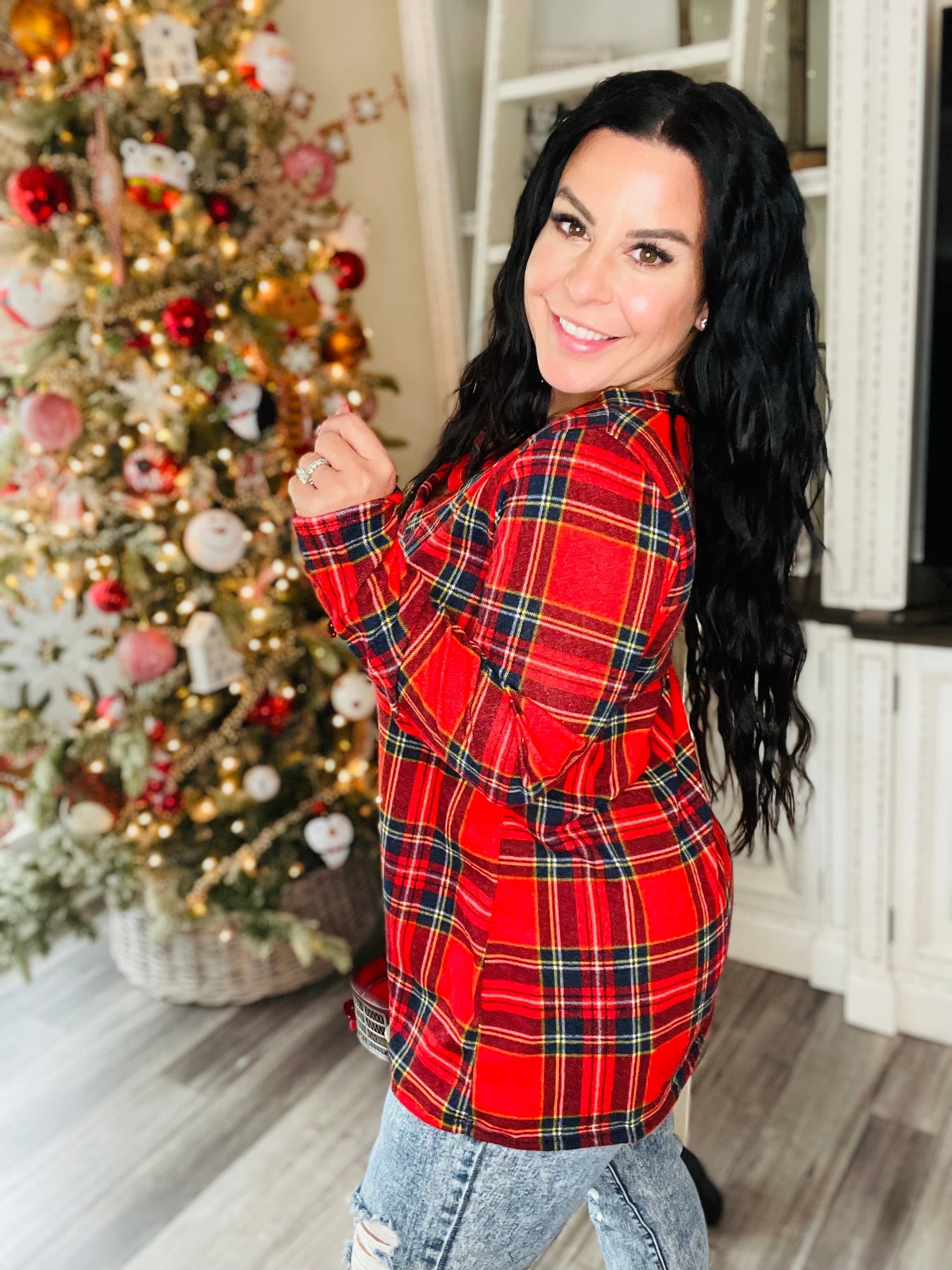 Red Plaid Loose Fit Long Sleeve Top