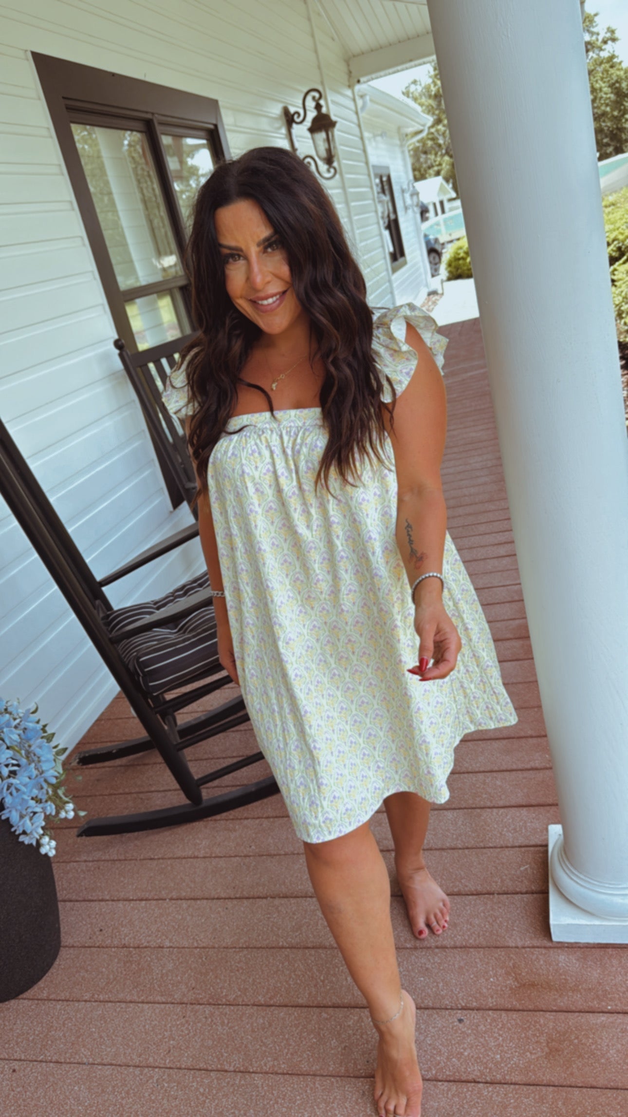 Purple and Yellow Floral  Ruffle Mini Dress