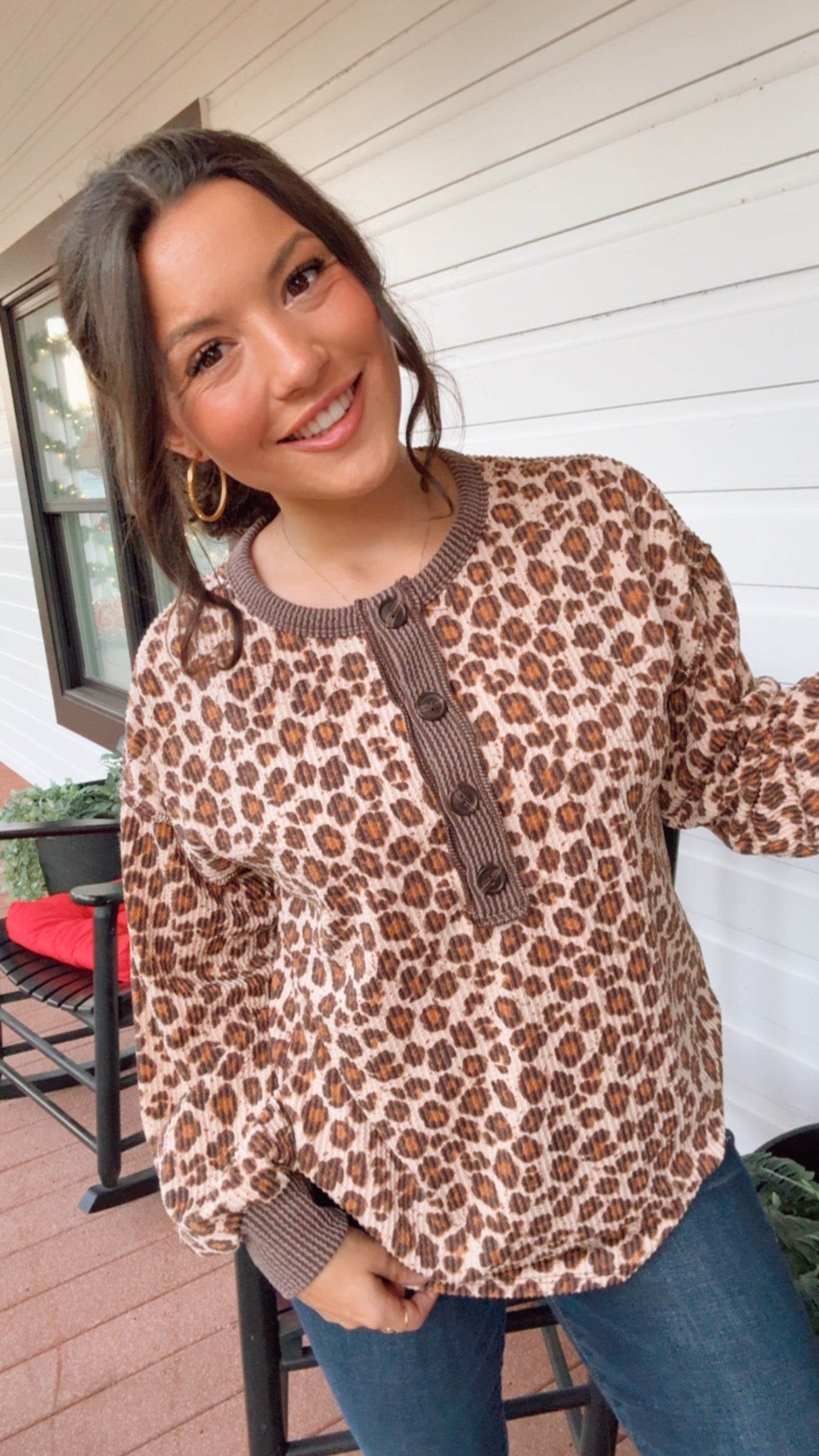 Brown Leopard 1/4 Button Long Sleeve Top