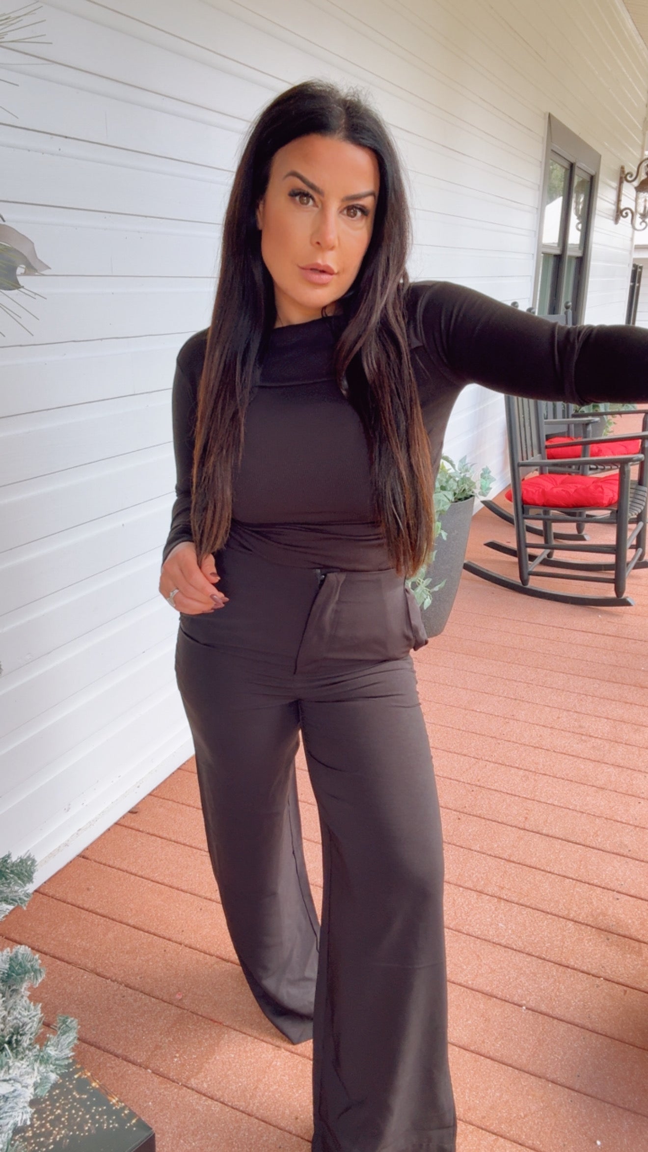 Ultra Soft Black Long Sleeve Ribbed Cowl Neck Top