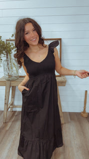 Chic Black Midi Flutter Sleeve  Dress