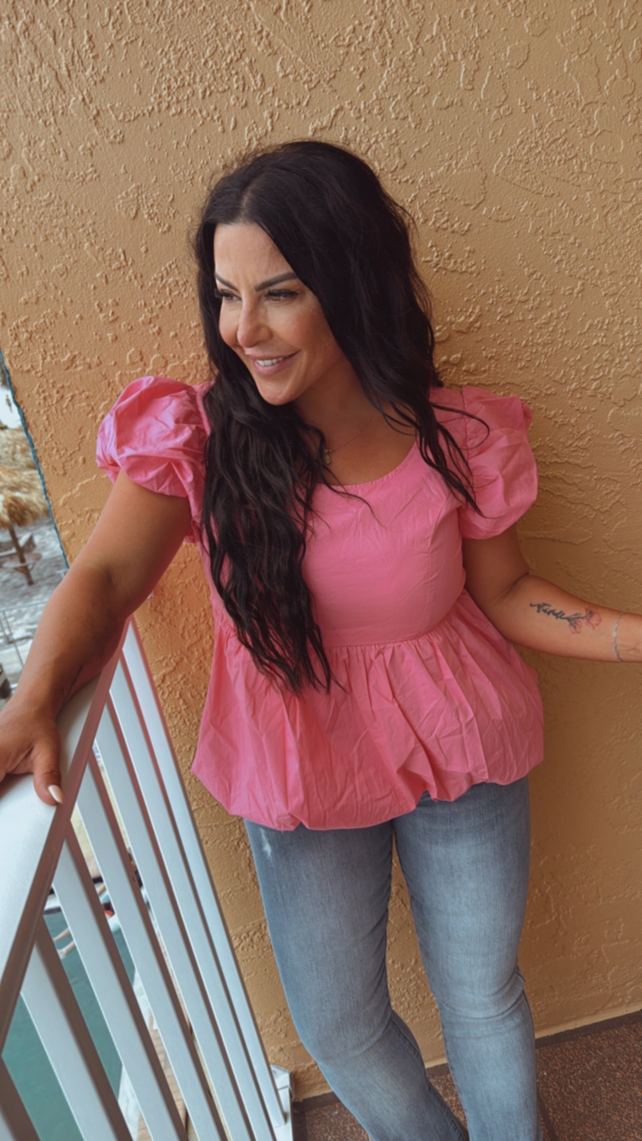 Light Pink Bubble Sleeve Baby Doll Top