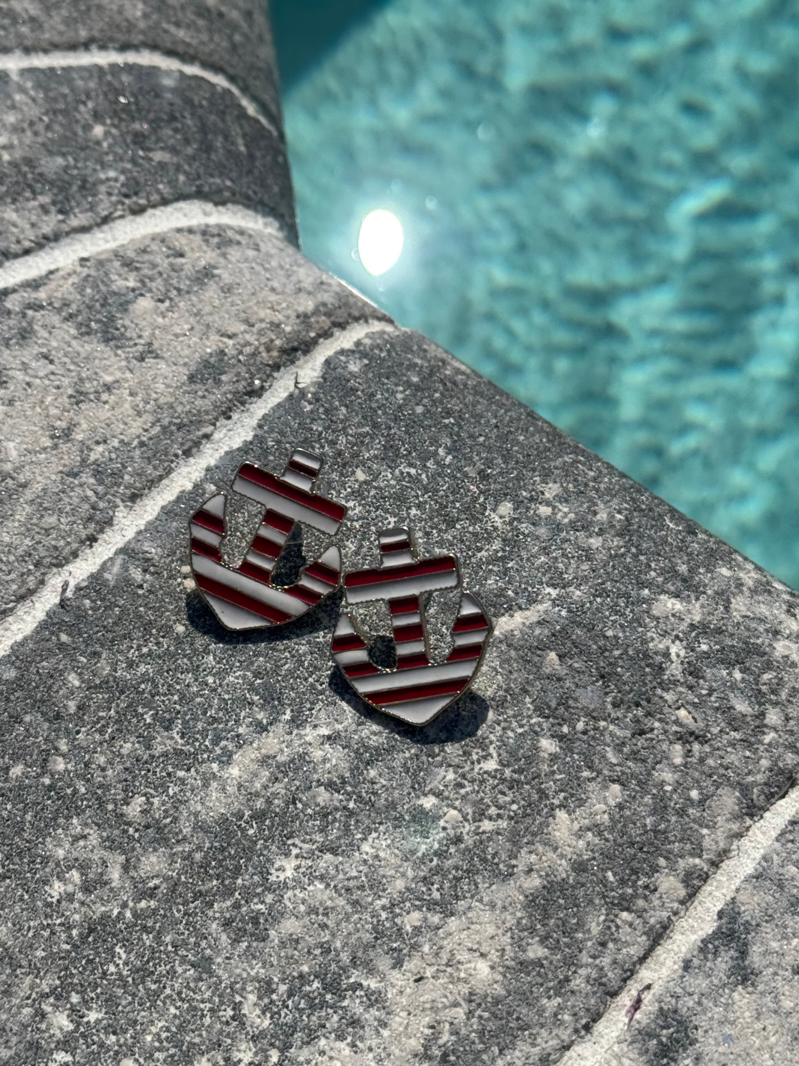 Red and White Stripe Anchor Stud Earrings