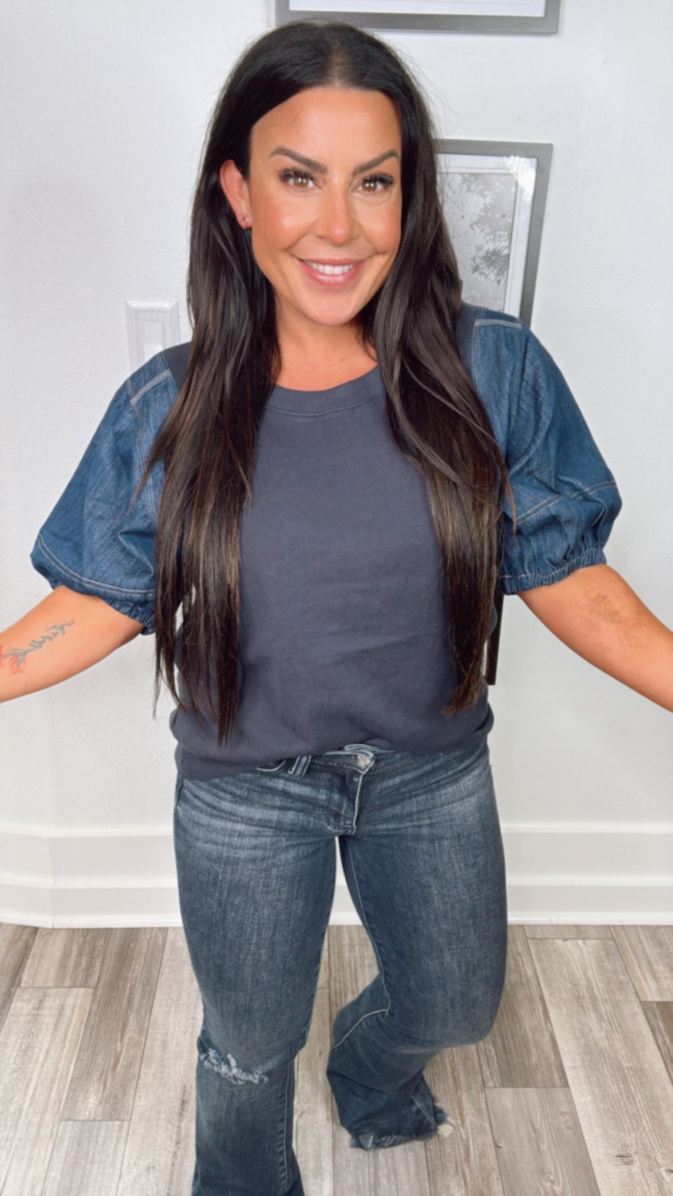 Denim and Crewneck Ruffle Sleeve Top