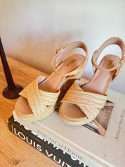 Natural Cross Strap Open To Wedge Mia Heel