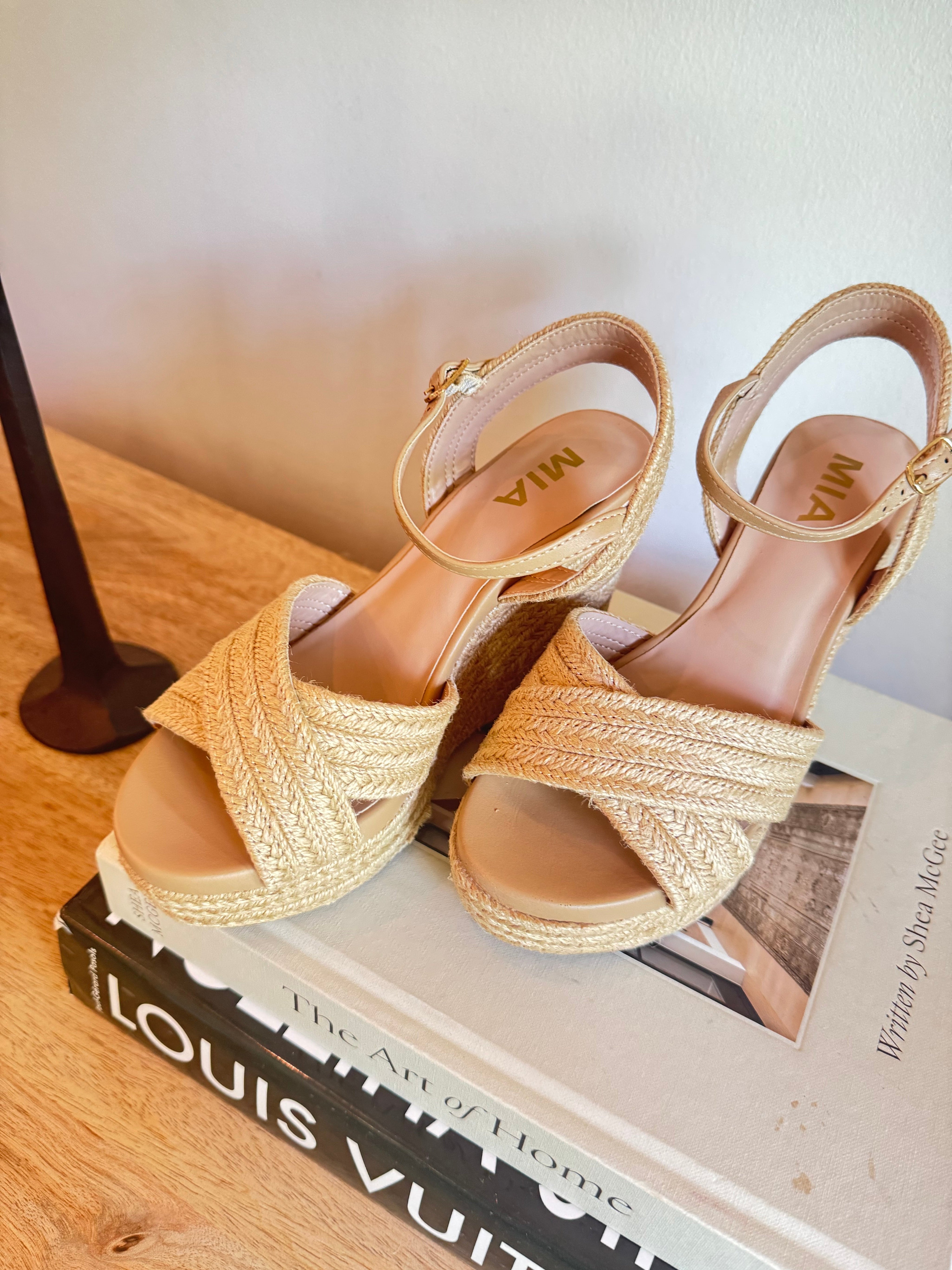 Natural Cross Strap Open To Wedge Mia Heel