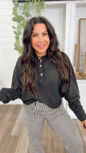 Lightweight Black Waffle Knit Long Sleeve Button Vneck Top