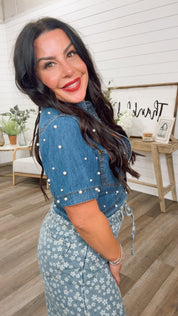 Cozy Co Denim And Pearl Embellished Button Up Top