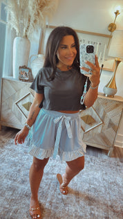 Chic Light Blue and Flowy Shorts With Ruffles