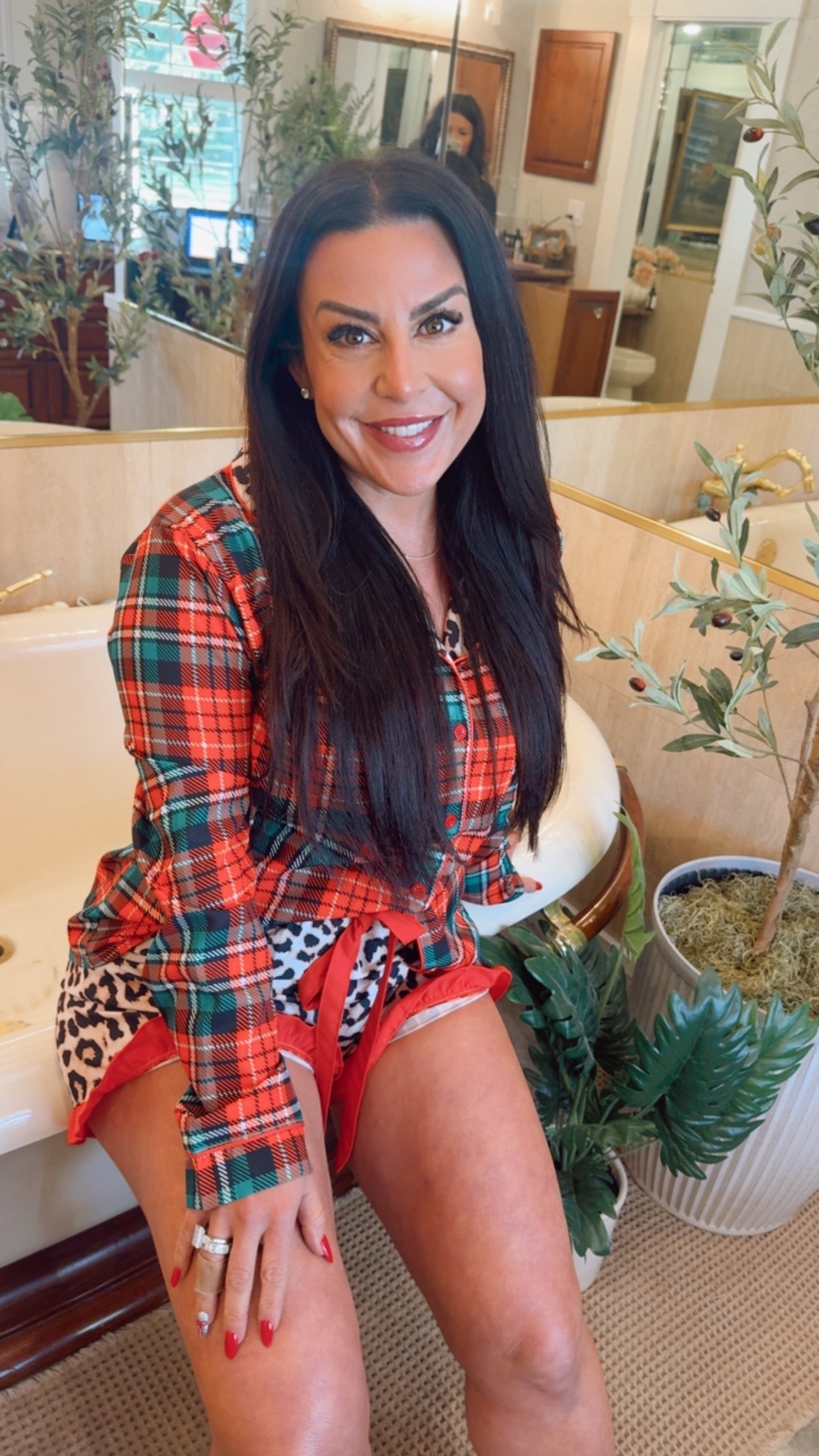 Leopard and Plaid Pajama Set Shorts and Button Up Long Sleeve Shirt