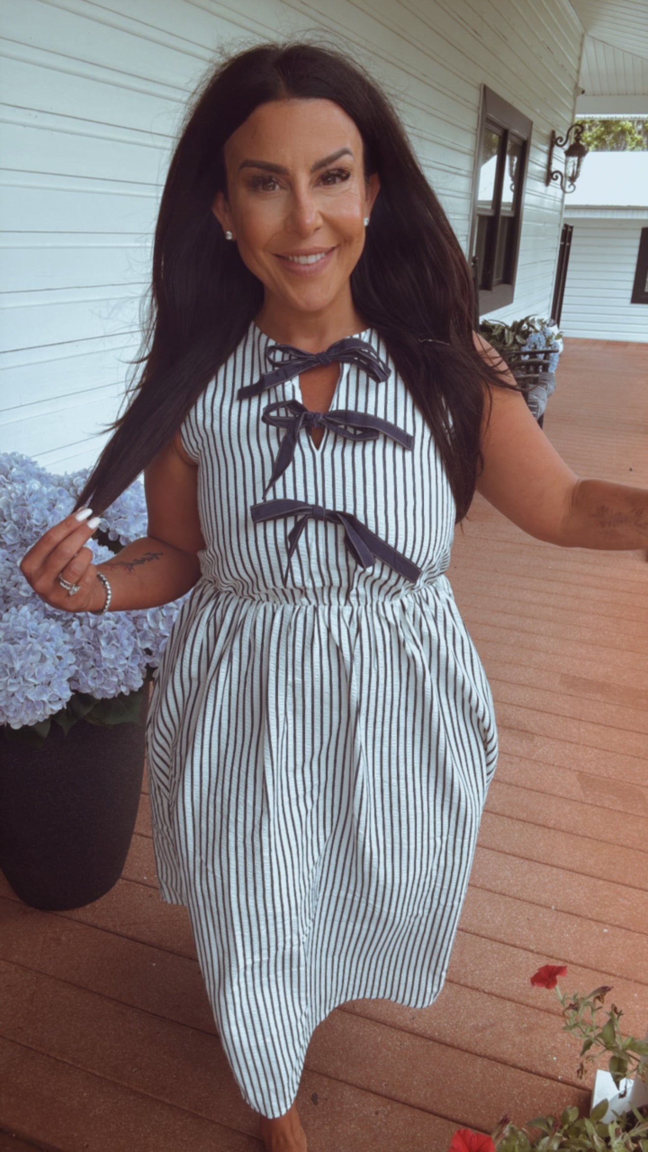 Taupe and Navy Maxi Pinstripe Dress