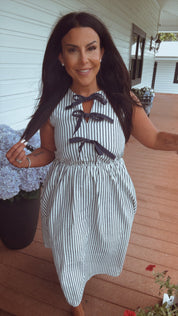 Taupe and Navy Maxi Pinstripe Dress