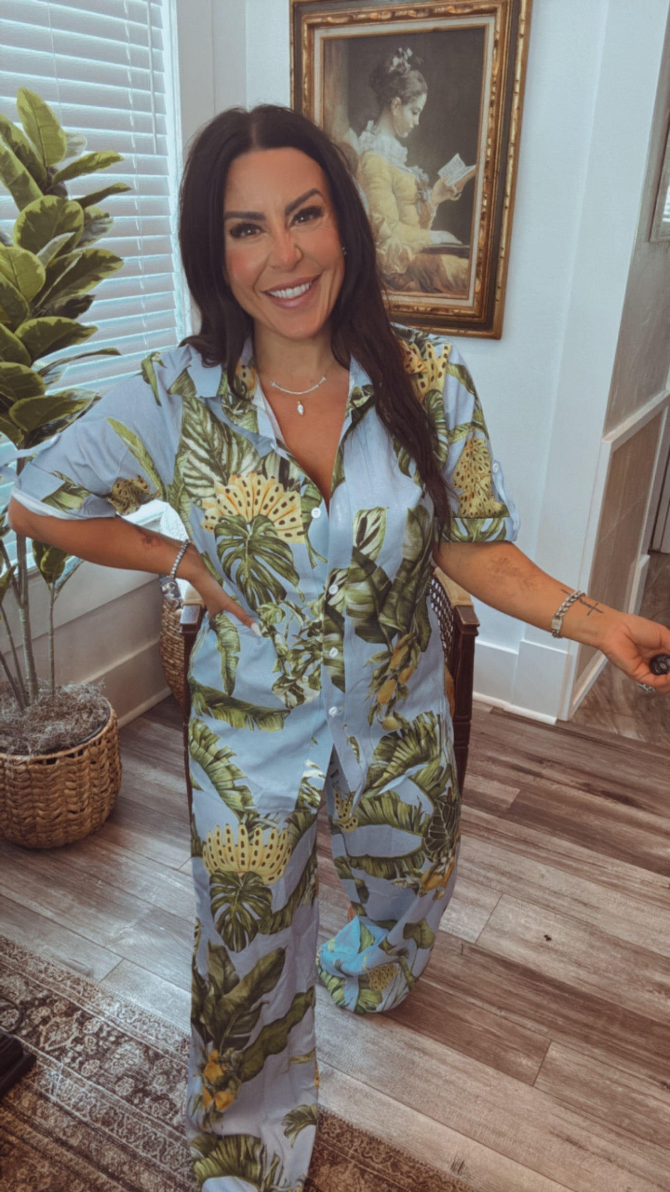 BLue and Tropic Floral Set Button Up Shirt and Pants