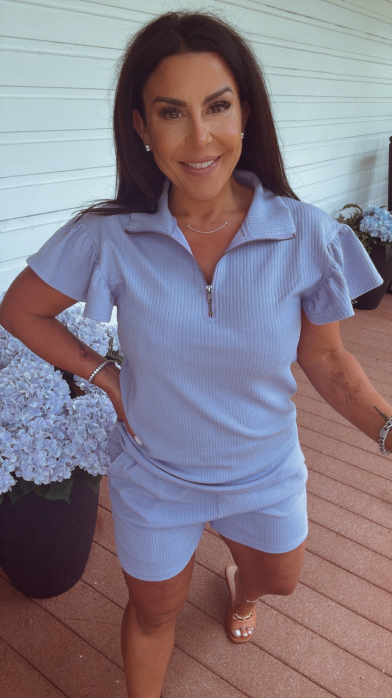 Chic Lilac  Flutter Sleeve 1/4 Zip Black Top