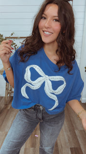 Blue Plush White Crystal Embellished Bow Top