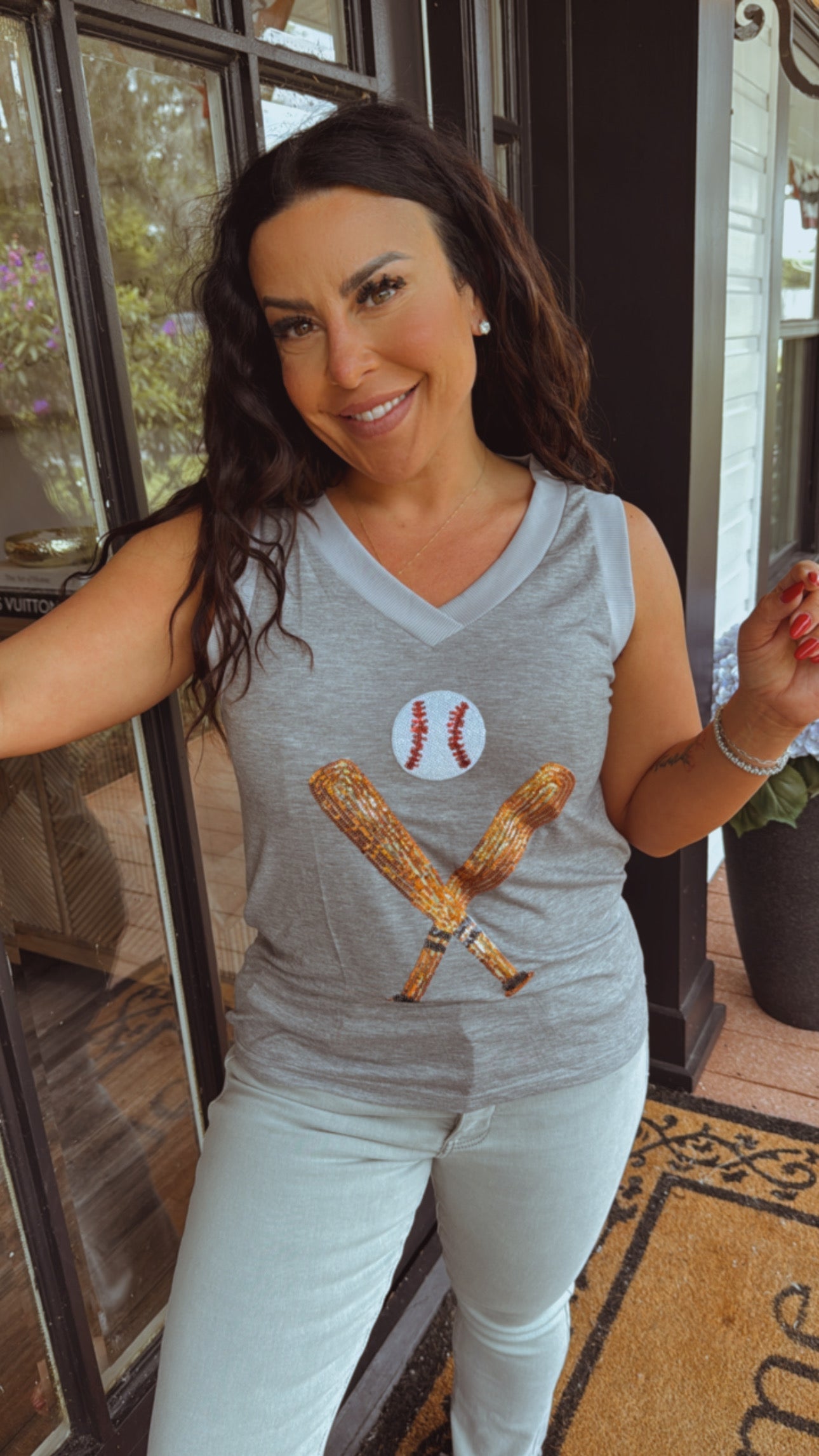 Soft Grey V-neck Tank With Sequin Baseball Graphic