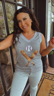 Soft Grey V-neck Tank With Sequin Baseball Graphic
