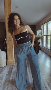 Steel Blue Flowy Textured Lightweight Wide Leg Pants