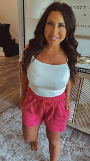 Hot Pink Tie Waist Lightweight Ribbed Shorts- DEAL OF THE DAY !!