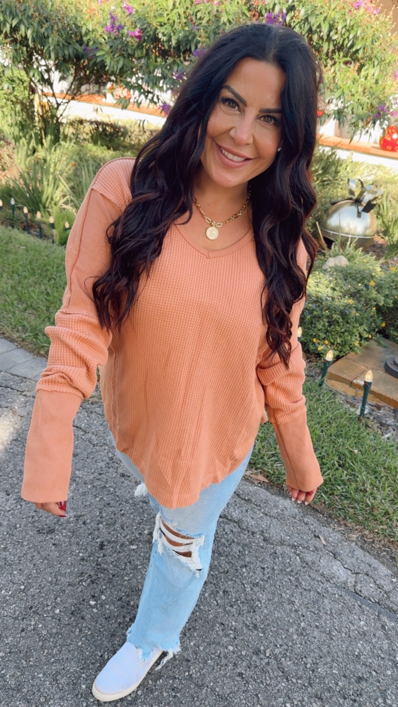 Light Orange ribbed And Waffle Knit Sweater