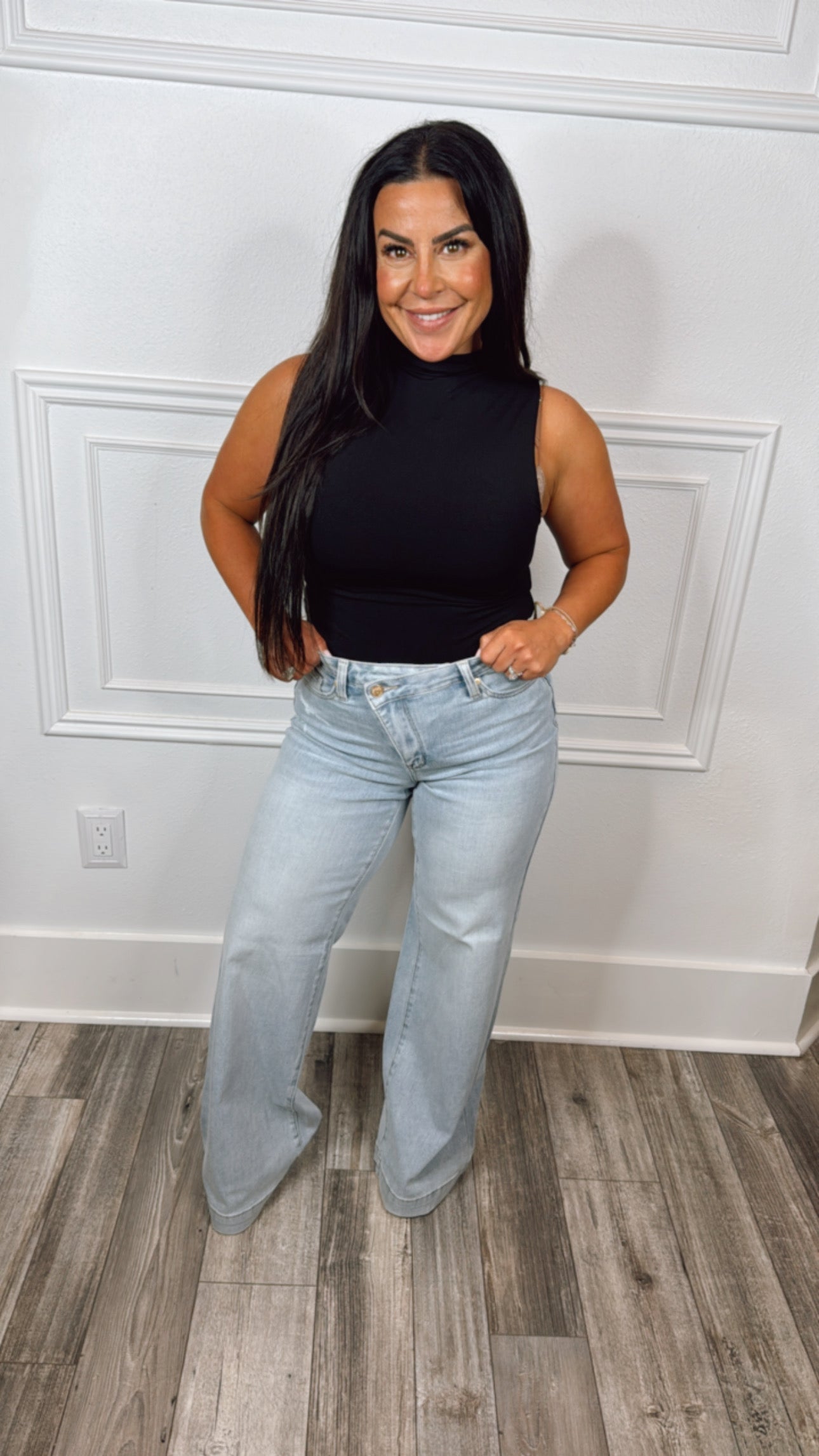 Judy Blue Light Wash Retro Wide Criss Cross Distressed Jeans