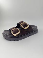 Mia Chocolate Double Strap Gold Buckle Sandals