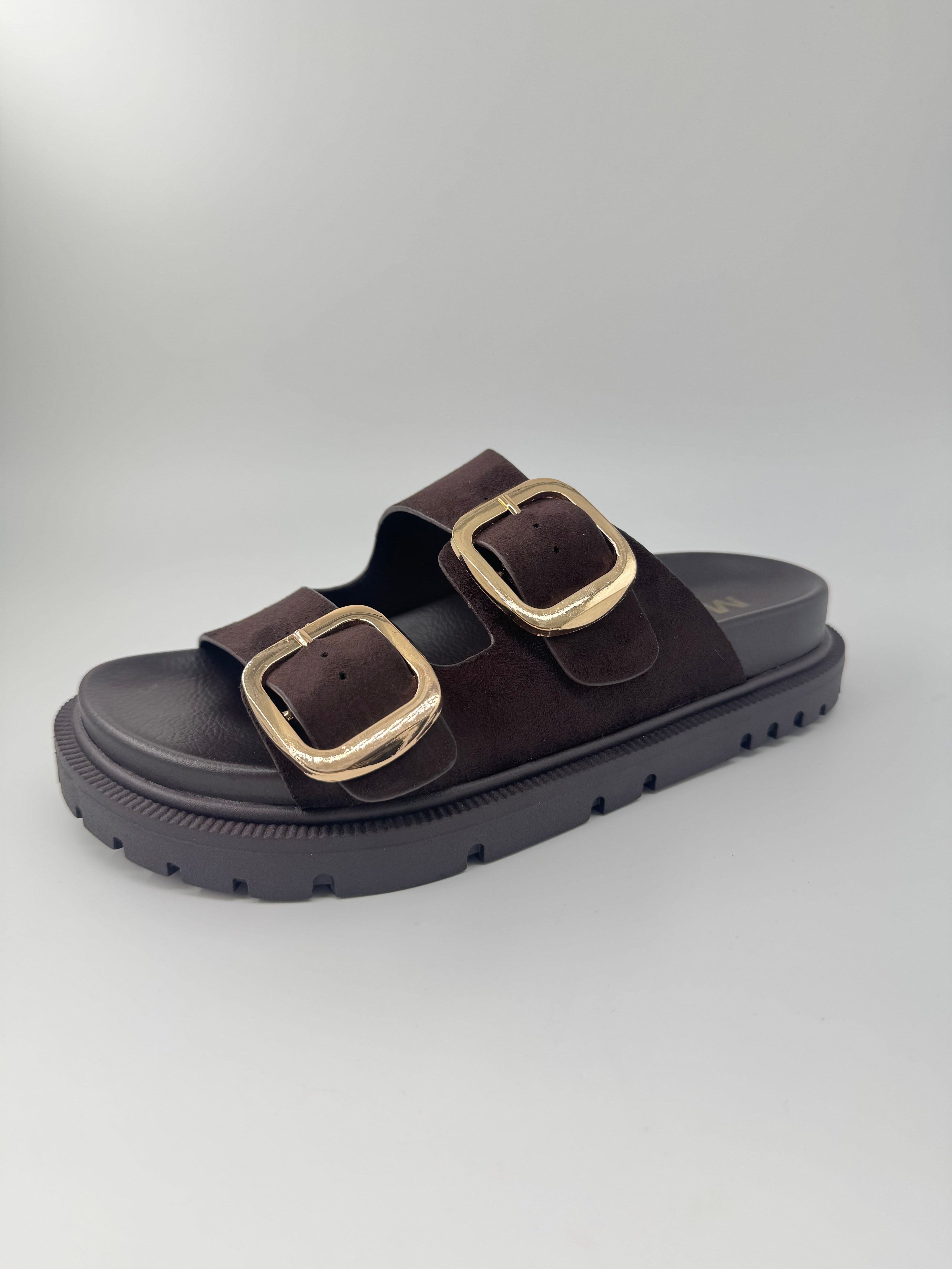 Mia Chocolate Double Strap Gold Buckle Sandals
