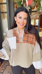 POL Olive and Rust Plaid V-neck Long Sleeve Top