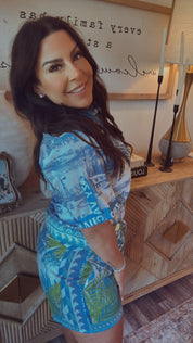 Green White and Blue Button Top and Shorts Set