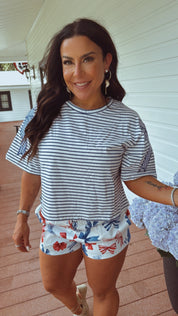 Blue and White Stripe Bow Top