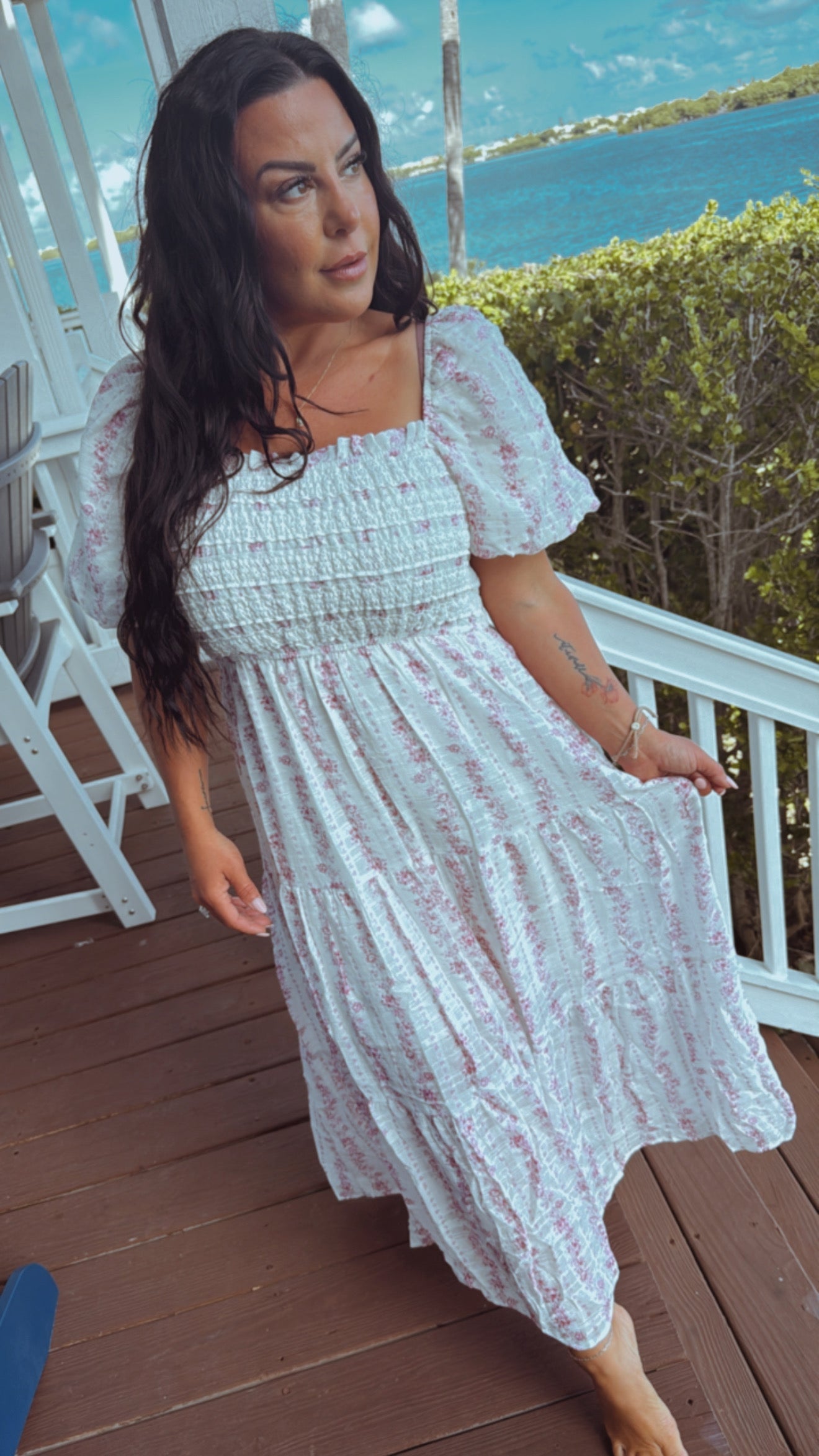Pink and White Floral  Puff Sleeve Maxi Dess